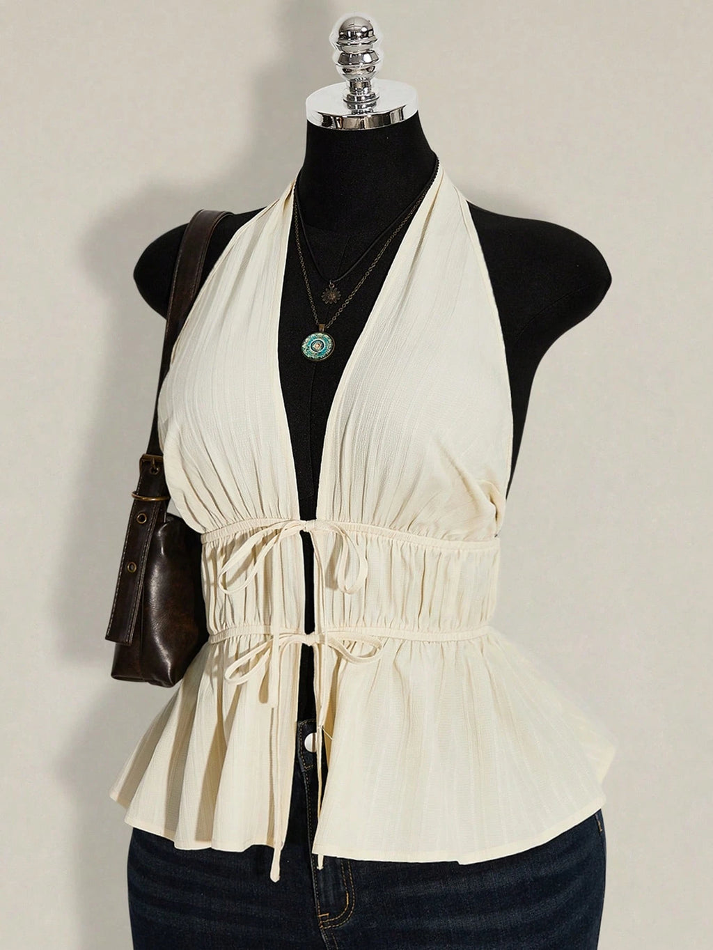 Plus Size Halter Neck Tie Front Blouse – Backless Ruffle Hem Vacation Top for Women
