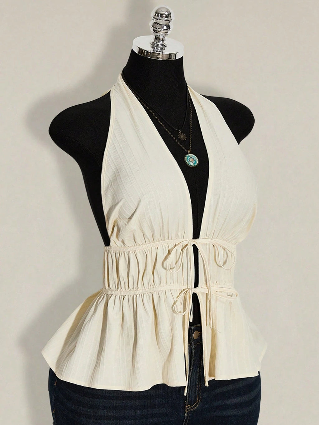 Plus Size Halter Neck Tie Front Blouse – Backless Ruffle Hem Vacation Top for Women