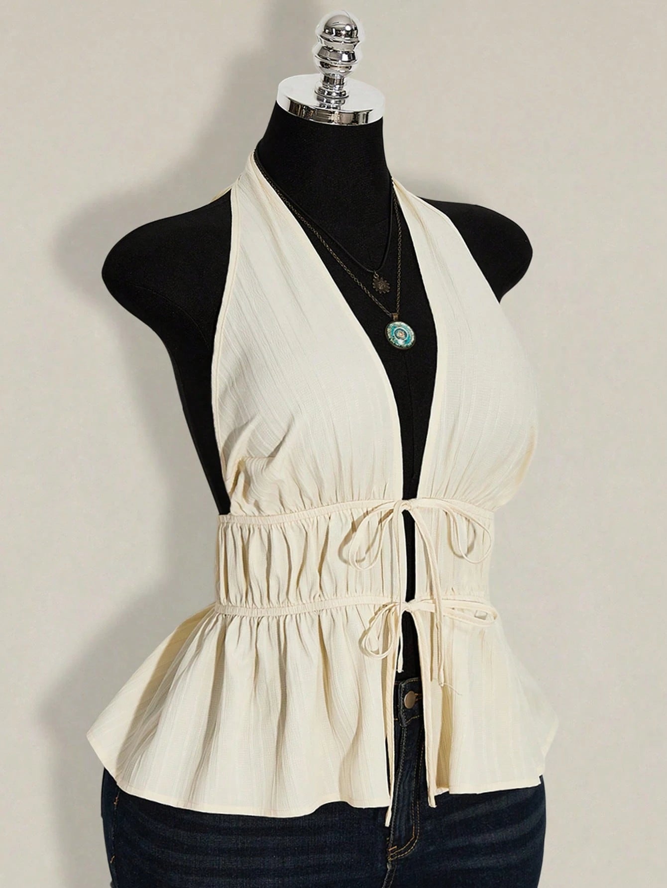 Plus Size Halter Neck Tie Front Blouse – Backless Ruffle Hem Vacation Top for Women