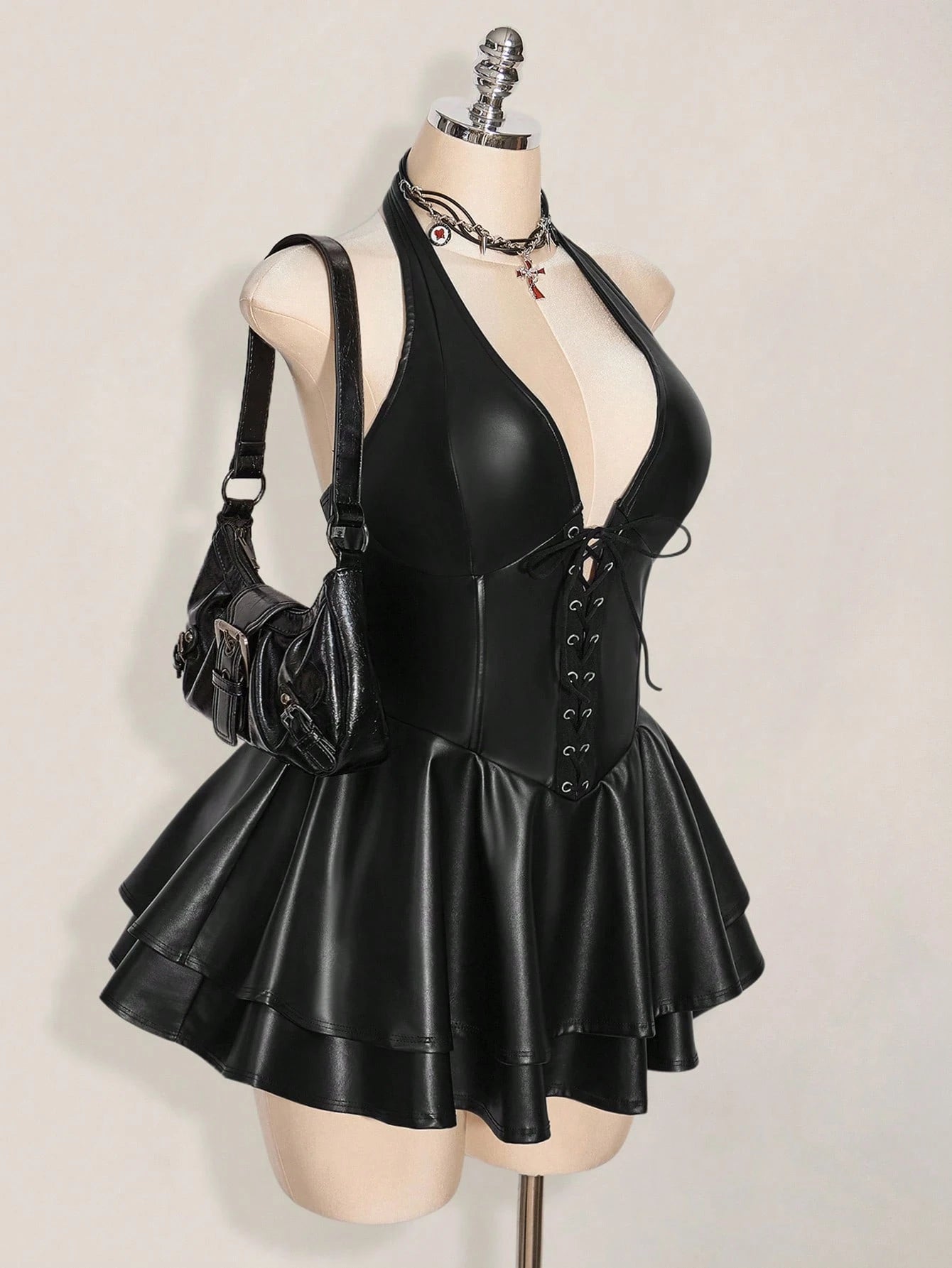 SHEIN ICON Plus Size Y2K Gothic PU Leather Halter Mini Dress – Open Back Lace Up Corset Club & Festival Outfit for Women