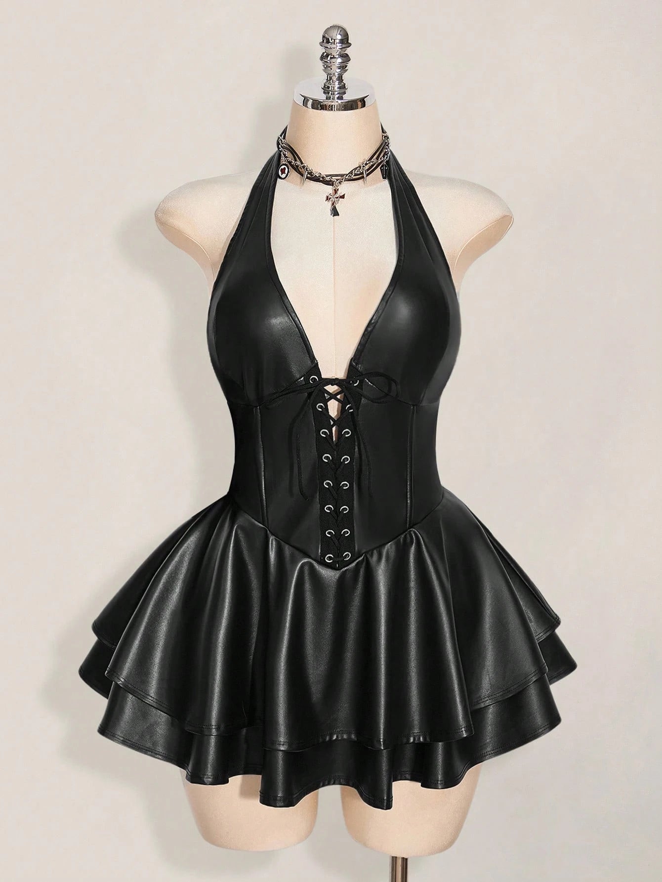 SHEIN ICON Plus Size Y2K Gothic PU Leather Halter Mini Dress – Open Back Lace Up Corset Club & Festival Outfit for Women