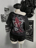 Plus Size Grunge Cross Print T-Shirt – Y2K Asymmetrical Shoulder Casual Top for Women