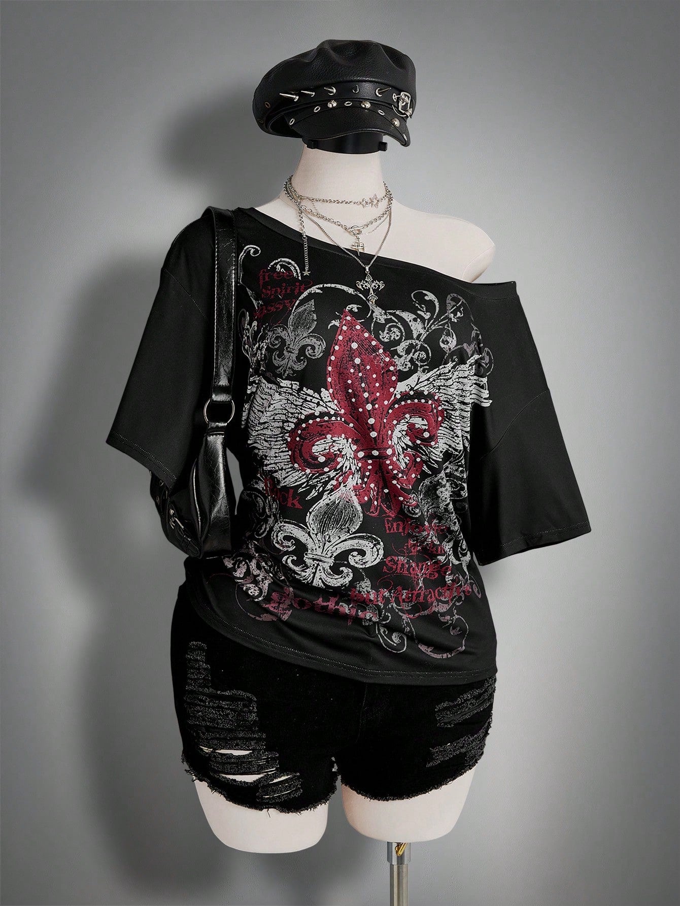 Plus Size Grunge Cross Print T-Shirt – Y2K Asymmetrical Shoulder Casual Top for Women