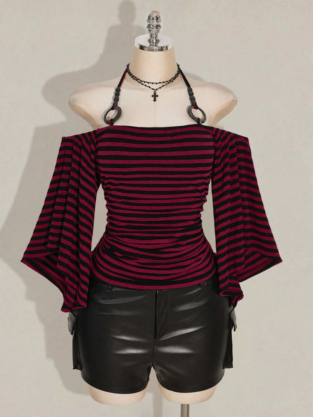 SHEIN ICON Plus Size Y2K Striped Off Shoulder Halter Top – Flare Sleeve Knit Streetwear Tee in Burgundy