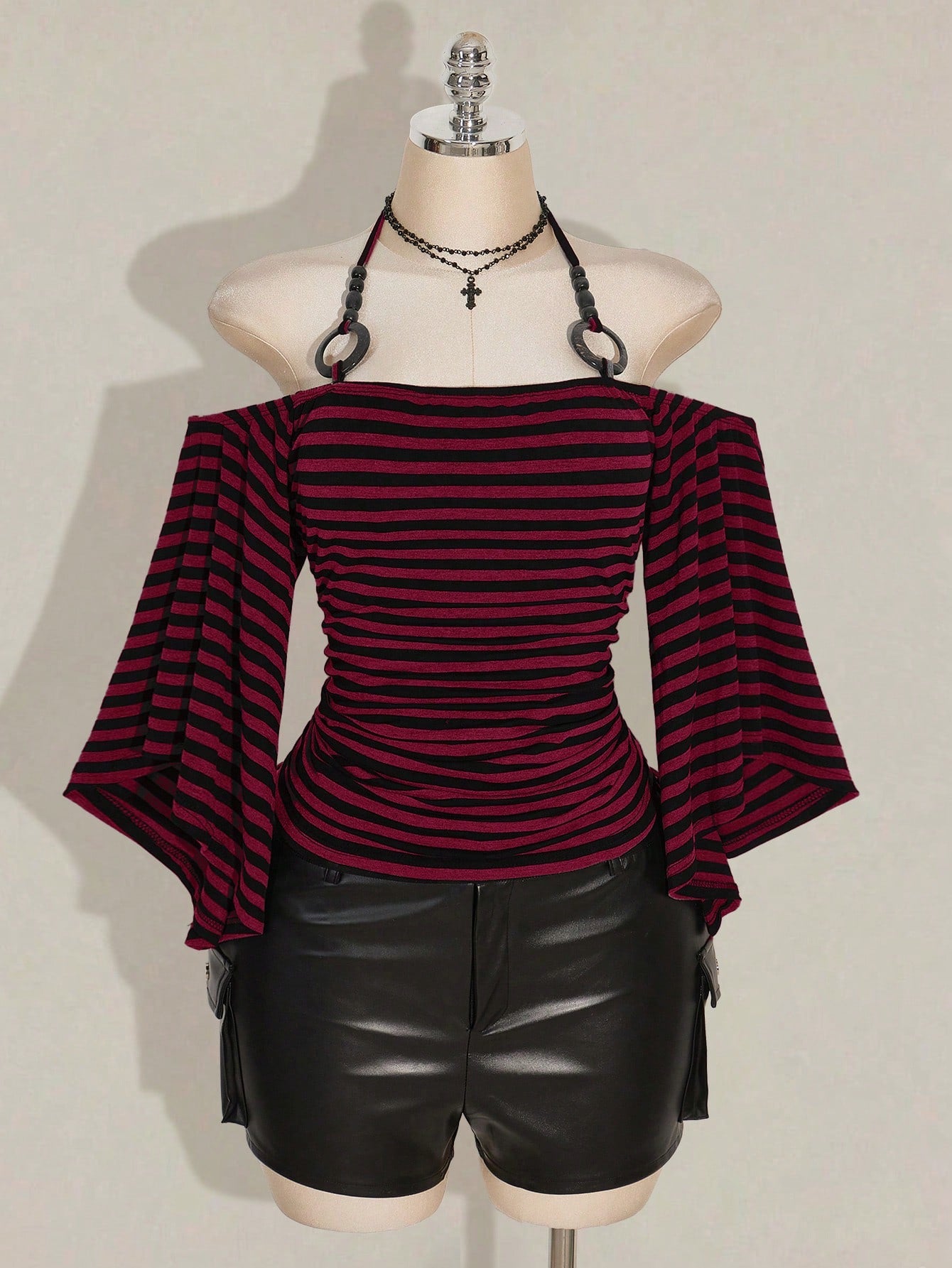 SHEIN ICON Plus Size Y2K Striped Off Shoulder Halter Top – Flare Sleeve Knit Streetwear Tee in Burgundy