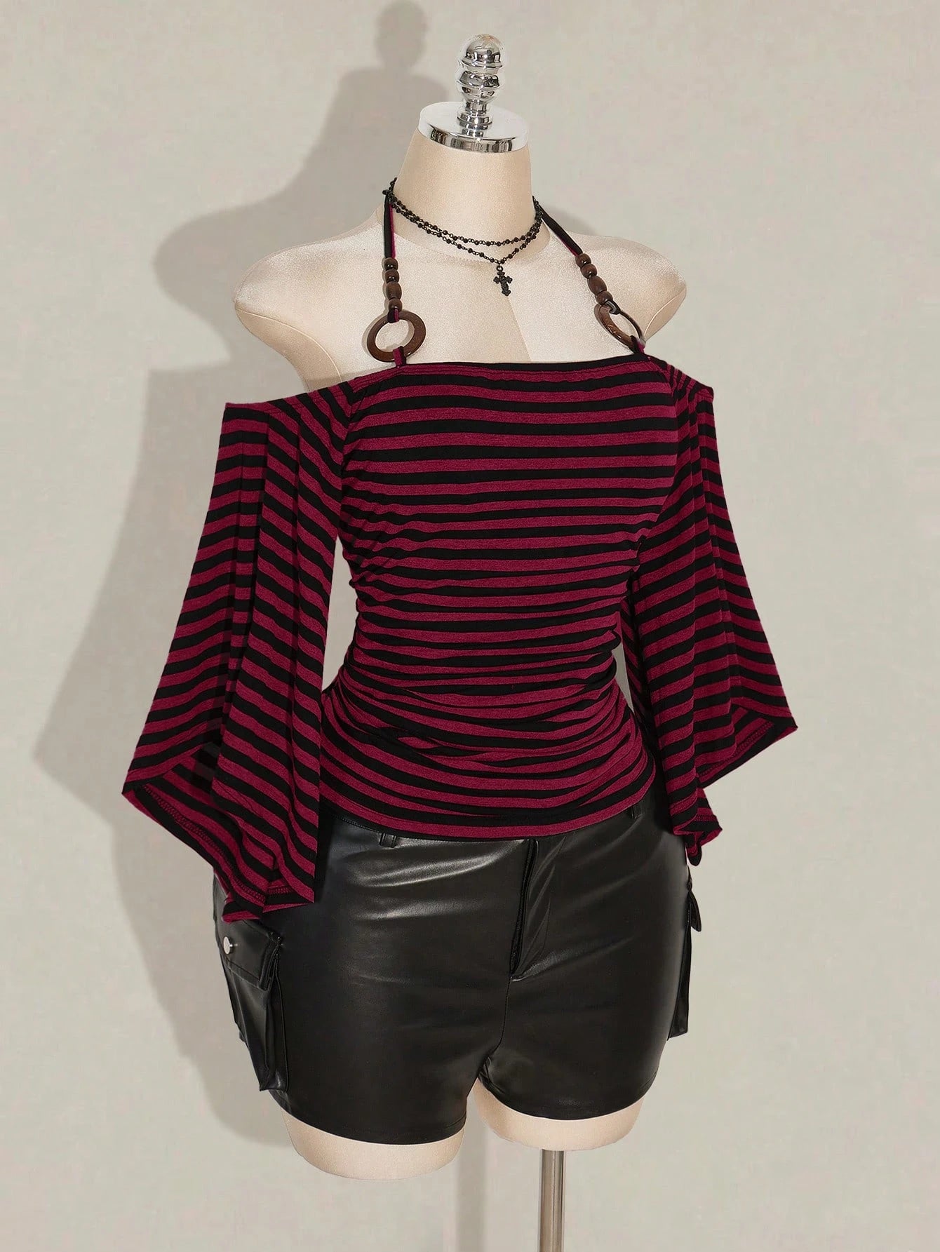 SHEIN ICON Plus Size Y2K Striped Off Shoulder Halter Top – Flare Sleeve Knit Streetwear Tee in Burgundy