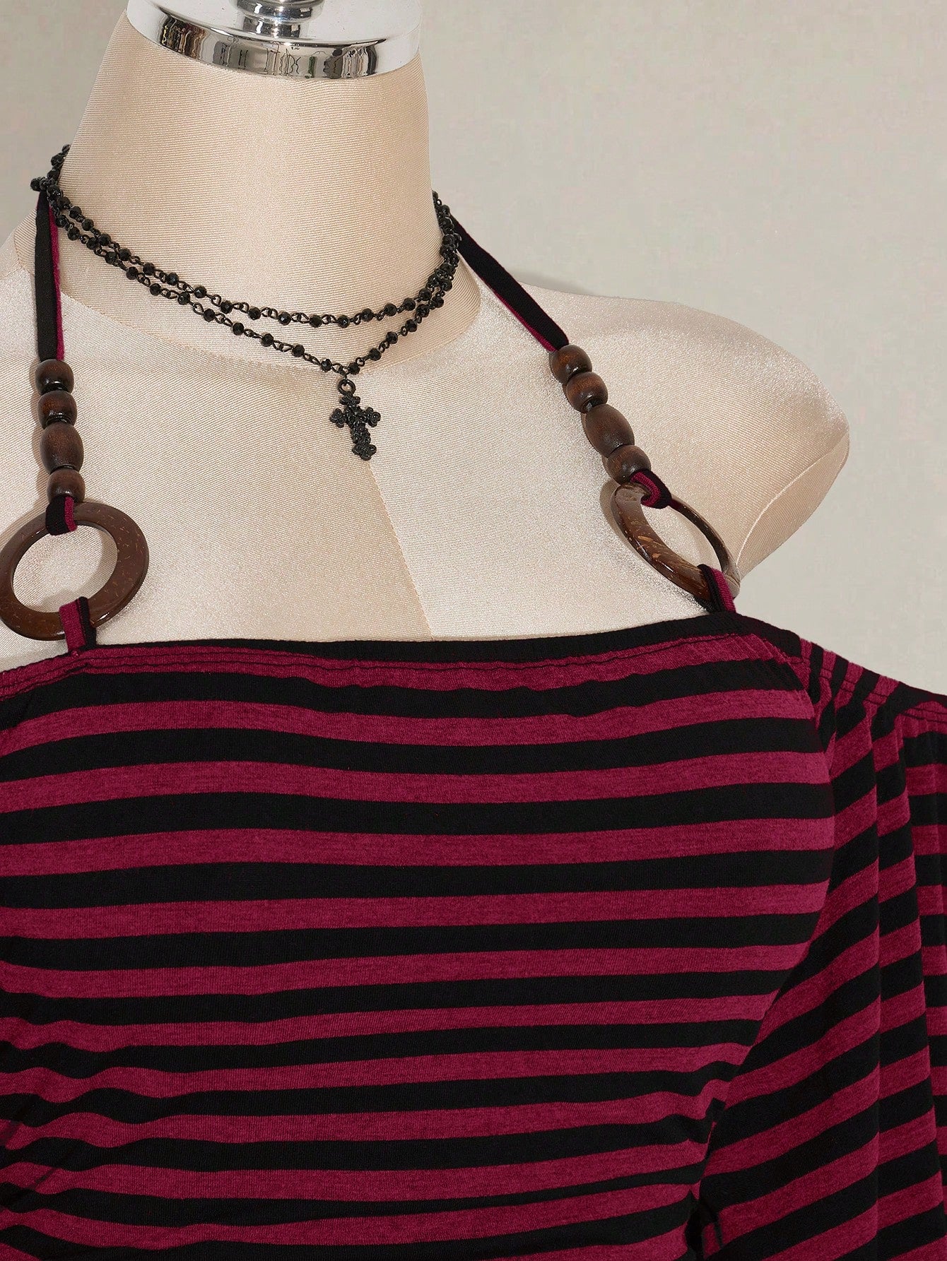 SHEIN ICON Plus Size Y2K Striped Off Shoulder Halter Top – Flare Sleeve Knit Streetwear Tee in Burgundy