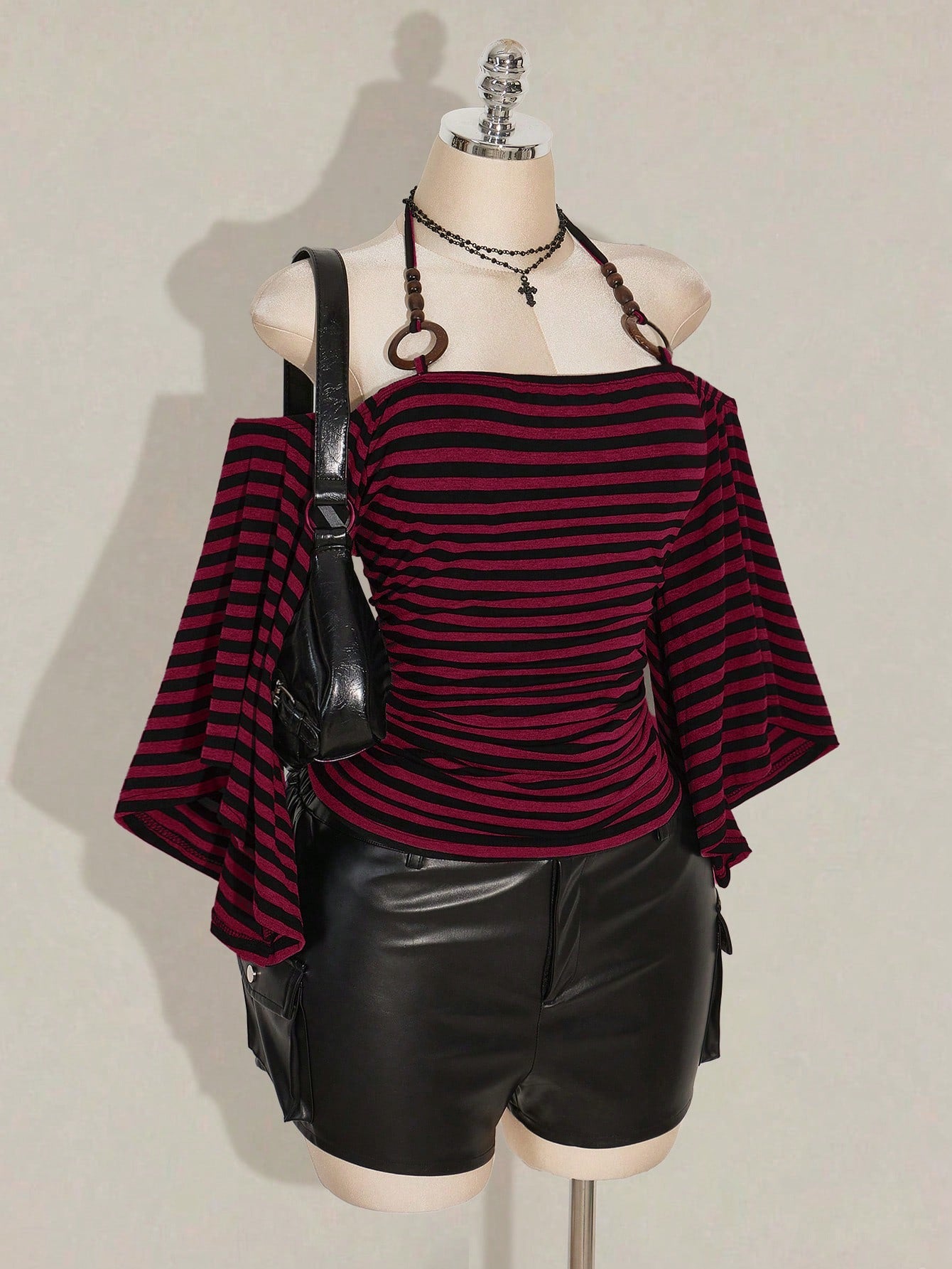 SHEIN ICON Plus Size Y2K Striped Off Shoulder Halter Top – Flare Sleeve Knit Streetwear Tee in Burgundy