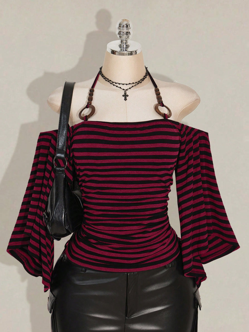 SHEIN ICON Plus Size Y2K Striped Off Shoulder Halter Top – Flare Sleeve Knit Streetwear Tee in Burgundy