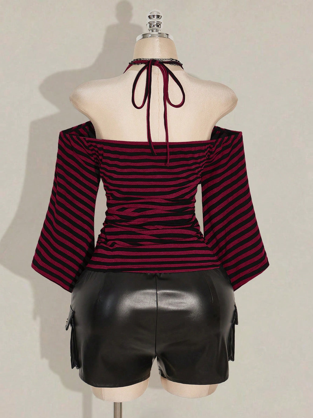 SHEIN ICON Plus Size Y2K Striped Off Shoulder Halter Top – Flare Sleeve Knit Streetwear Tee in Burgundy