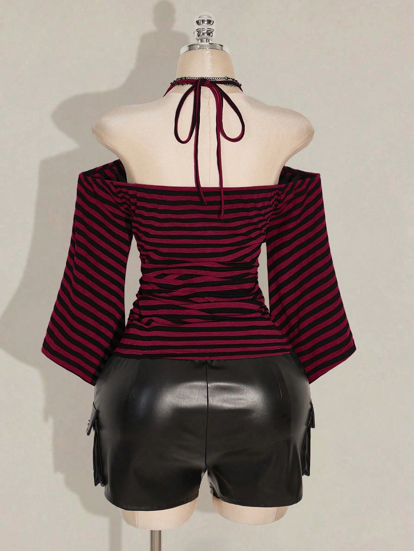 SHEIN ICON Plus Size Y2K Striped Off Shoulder Halter Top – Flare Sleeve Knit Streetwear Tee in Burgundy