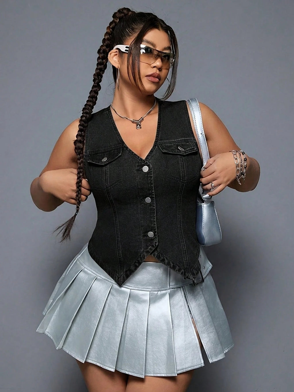 SHEIN ICON Plus Size Sleeveless Denim Vest – Single Breasted Casual Y2K Streetwear Jacket for Women