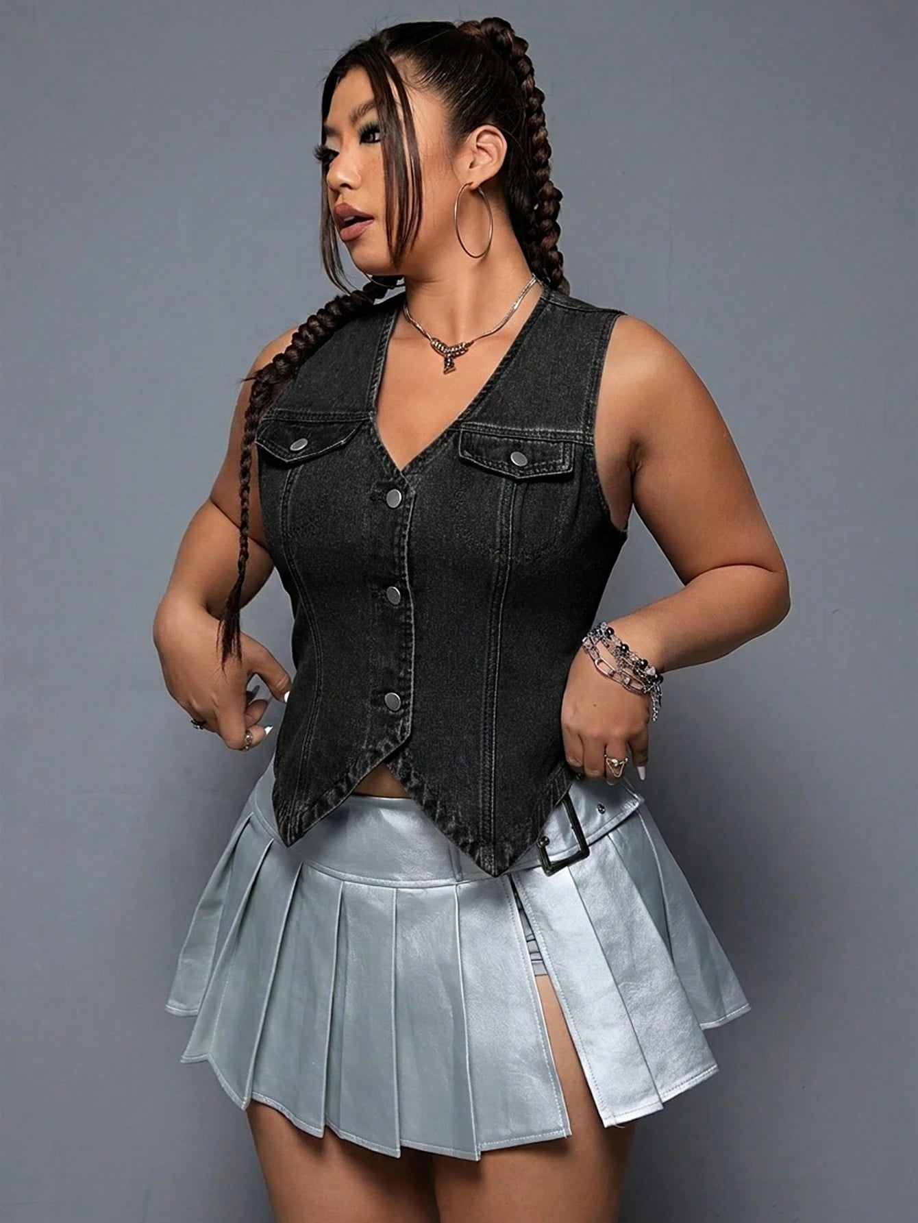 SHEIN ICON Plus Size Sleeveless Denim Vest – Single Breasted Casual Y2K Streetwear Jacket for Women