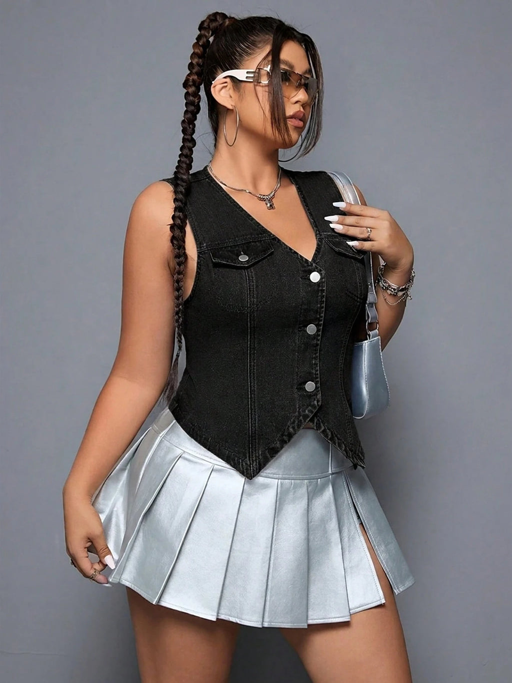 SHEIN ICON Plus Size Sleeveless Denim Vest – Single Breasted Casual Y2K Streetwear Jacket for Women