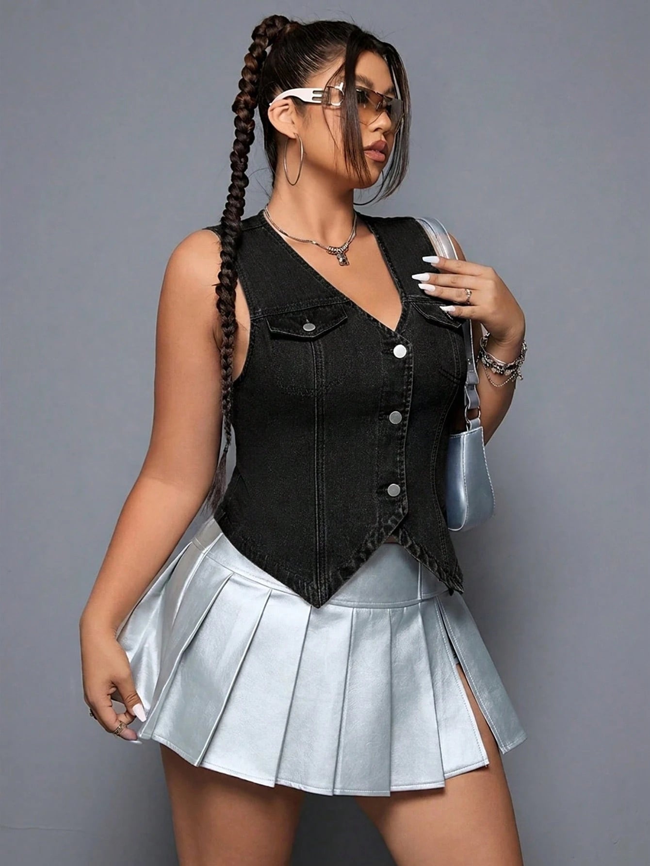 SHEIN ICON Plus Size Sleeveless Denim Vest – Single Breasted Casual Y2K Streetwear Jacket for Women