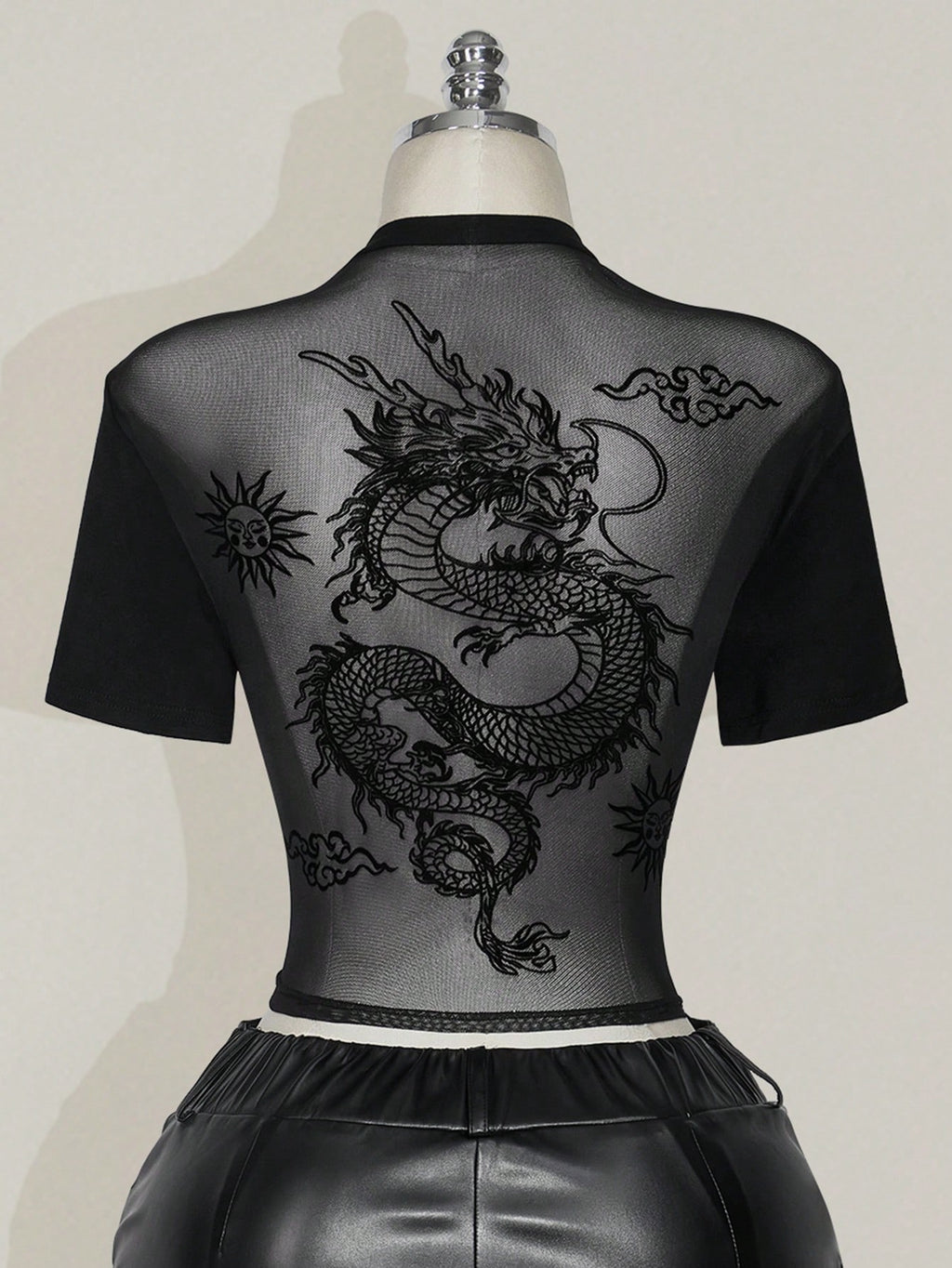 Plus Size Black Dragon Mesh Backless T-Shirt – Y2K Goth Graphic Short Sleeve Top for Women