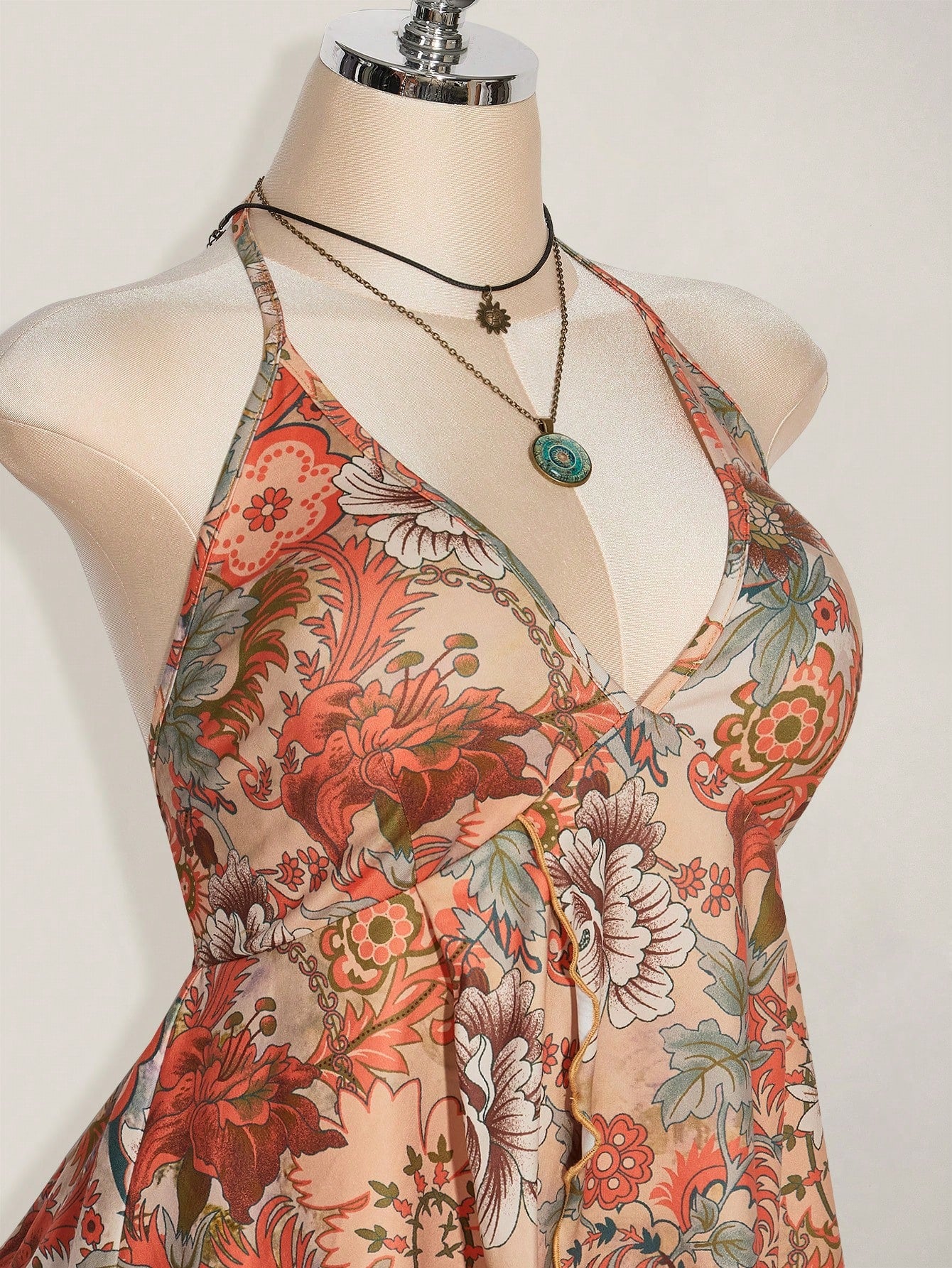 Plus Size Retro Print Backless Halter Top – Y2K Boho Babydoll Vacation Top for Women