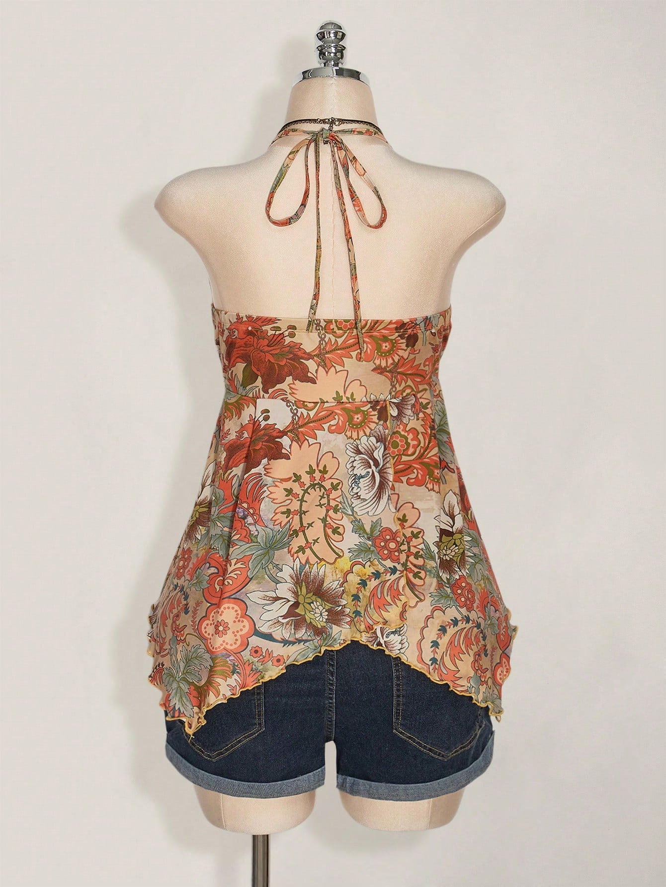 Plus Size Retro Print Backless Halter Top – Y2K Boho Babydoll Vacation Top for Women