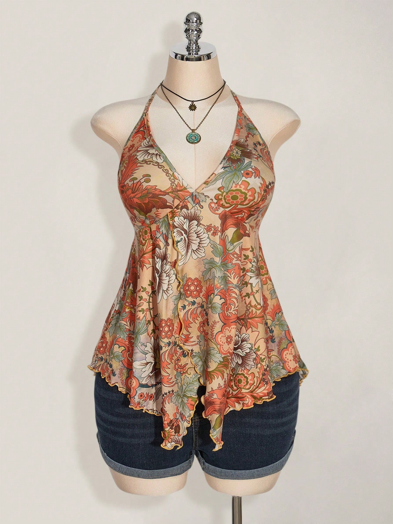 Plus Size Retro Print Backless Halter Top – Y2K Boho Babydoll Vacation Top for Women