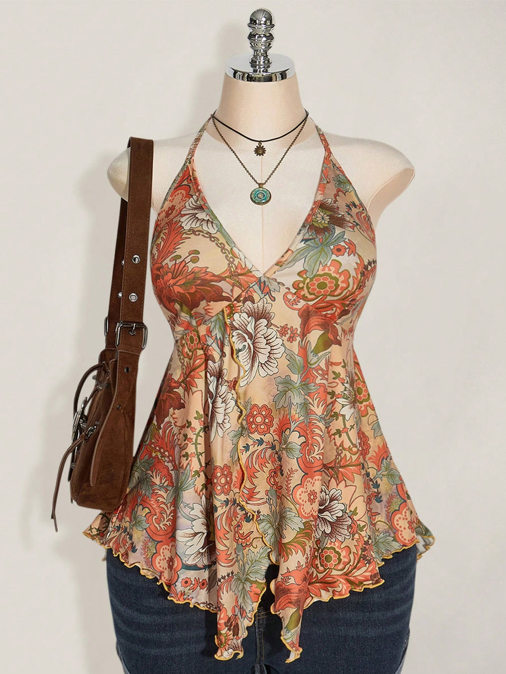 Plus Size Retro Print Backless Halter Top – Y2K Boho Babydoll Vacation Top for Women