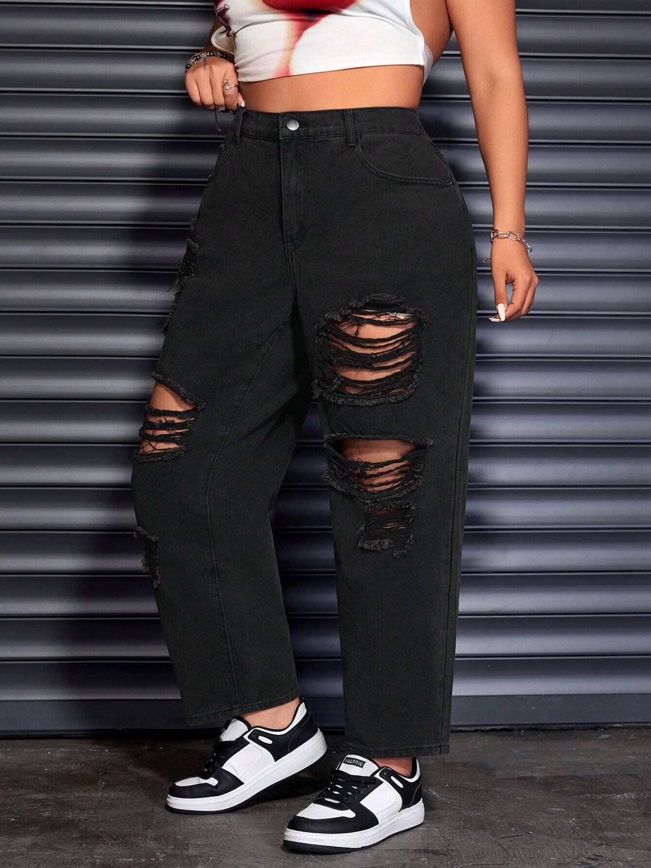 SHEIN ICON Plus Size Ripped Straight Leg Jeans – Casual Distressed Denim Pants with Pockets for Women