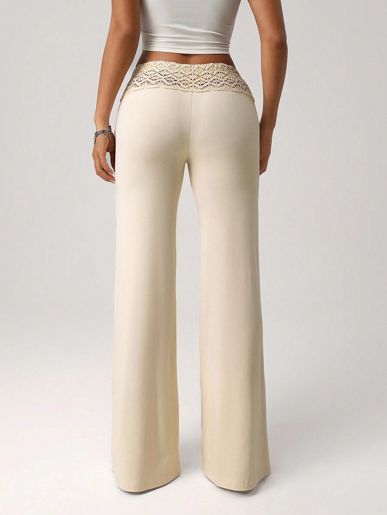 Plus Size White Bohemian Knit Patchwork Pants – Beaded Drawstring Straight Leg Vacation Trousers for Women