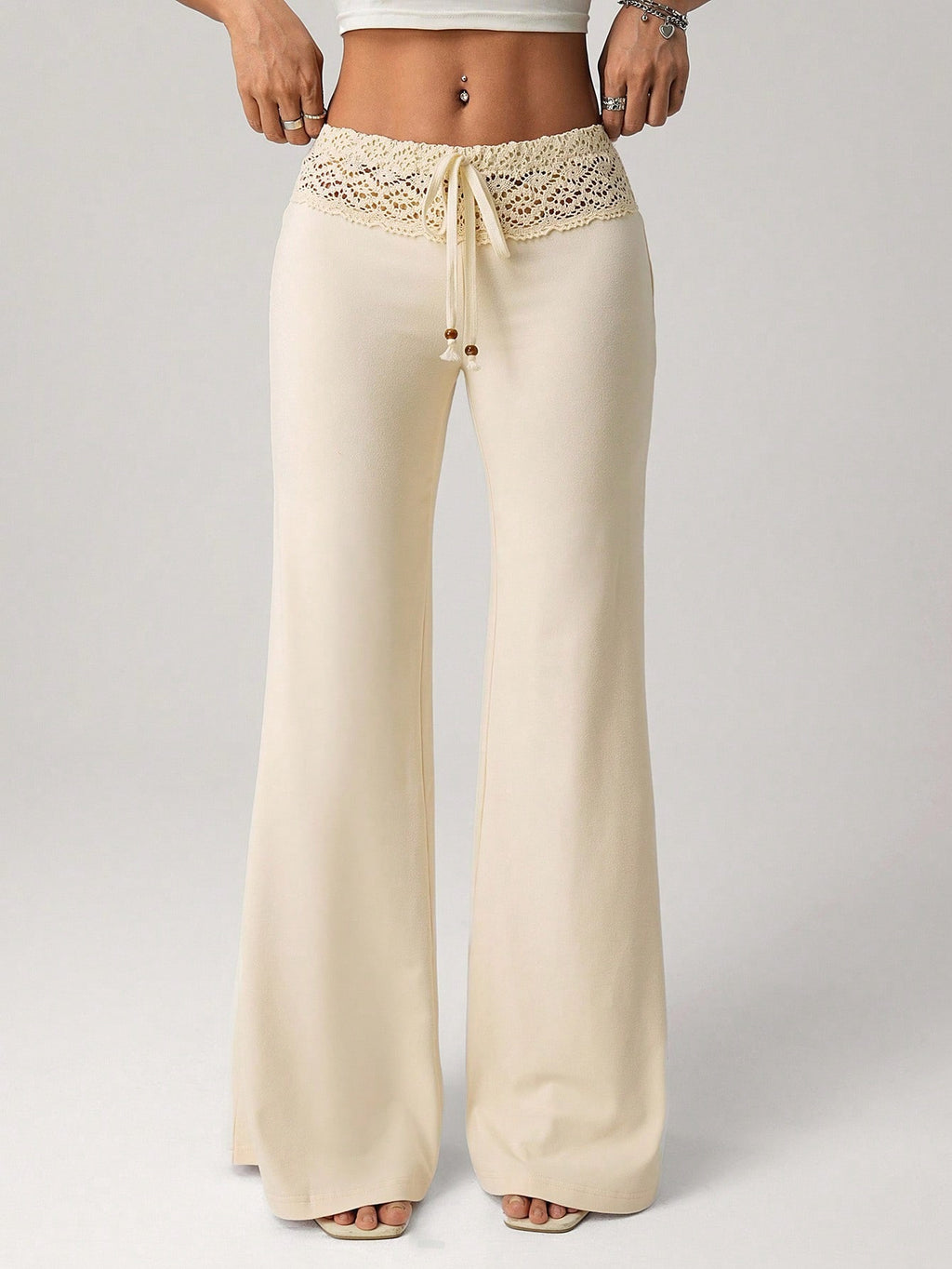 Plus Size White Bohemian Knit Patchwork Pants – Beaded Drawstring Straight Leg Vacation Trousers for Women