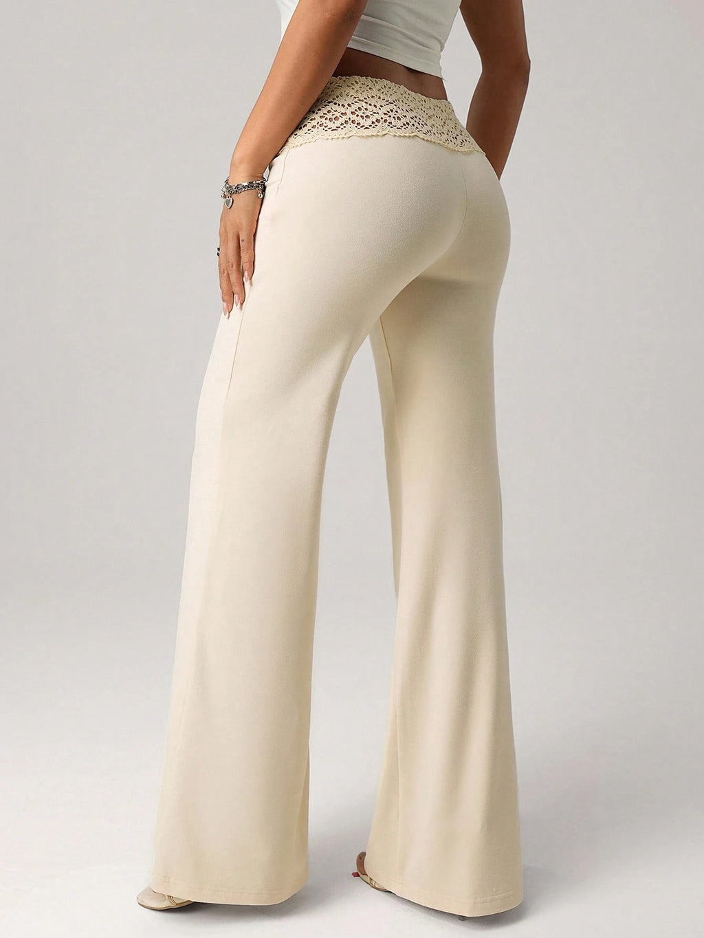 Plus Size White Bohemian Knit Patchwork Pants – Beaded Drawstring Straight Leg Vacation Trousers for Women