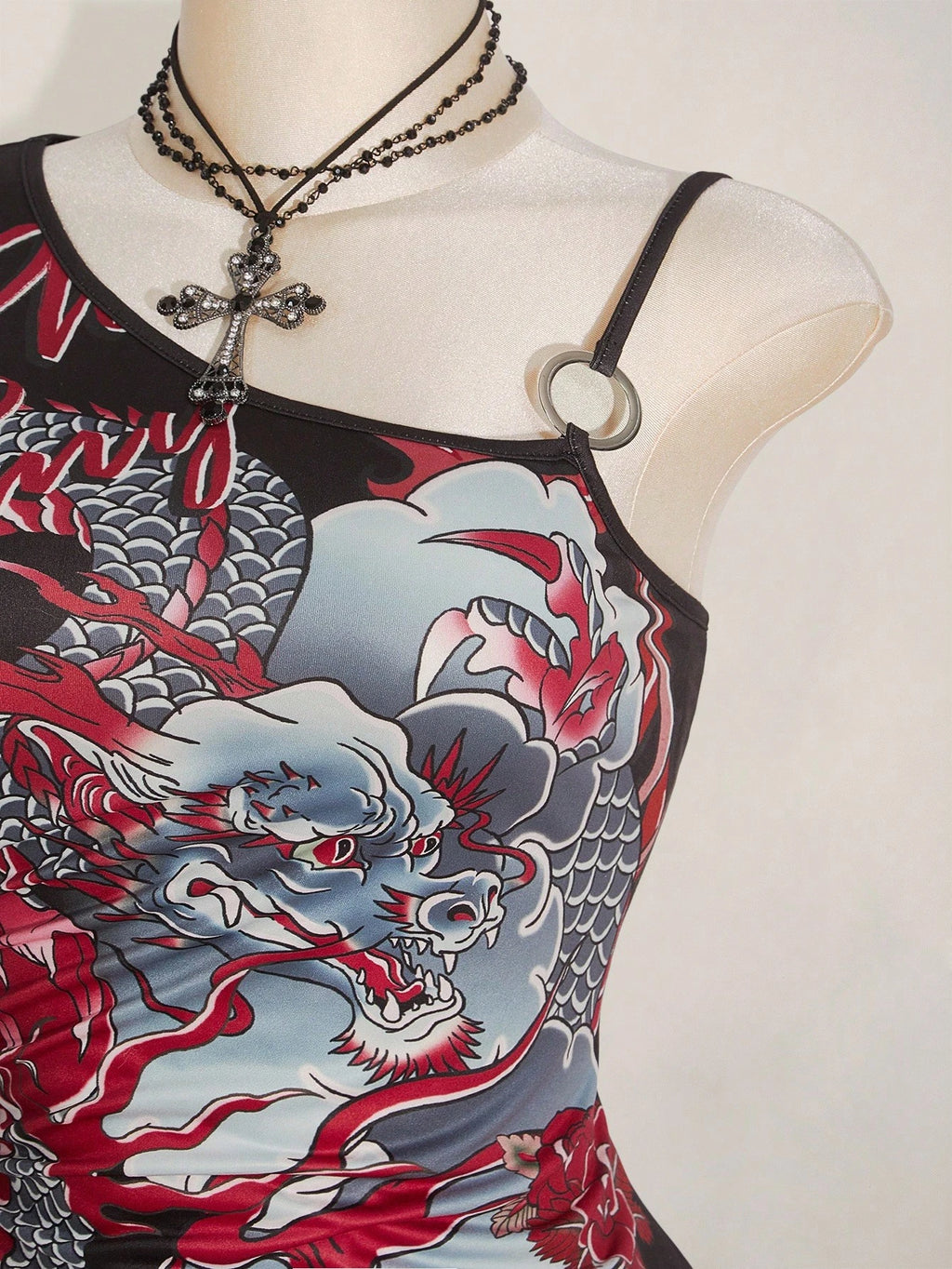 Plus Size Dragon Print One Shoulder Top – Y2K Asymmetrical Short Sleeve T-Shirt for Women