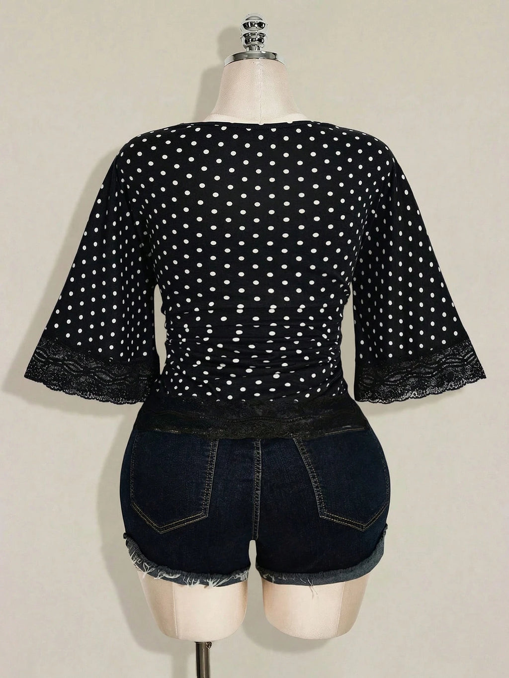 Plus Size Y2K Polka Dot Lace Patchwork Top – Sexy V-Neck Flare Sleeve Casual Blouse for Women