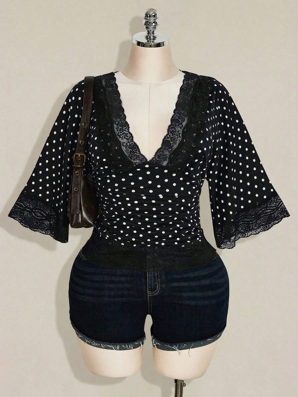 Plus Size Y2K Polka Dot Lace Patchwork Top – Sexy V-Neck Flare Sleeve Casual Blouse for Women