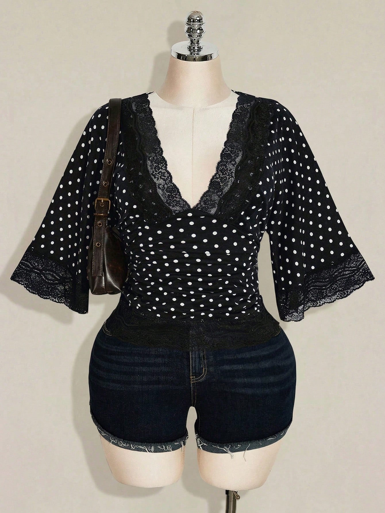 Plus Size Y2K Polka Dot Lace Patchwork Top – Sexy V-Neck Flare Sleeve Casual Blouse for Women