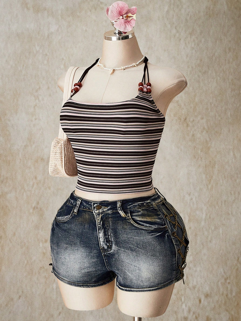 Plus Size Striped Beaded Halter Top – Y2K Knit Summer Going Out Top for Women