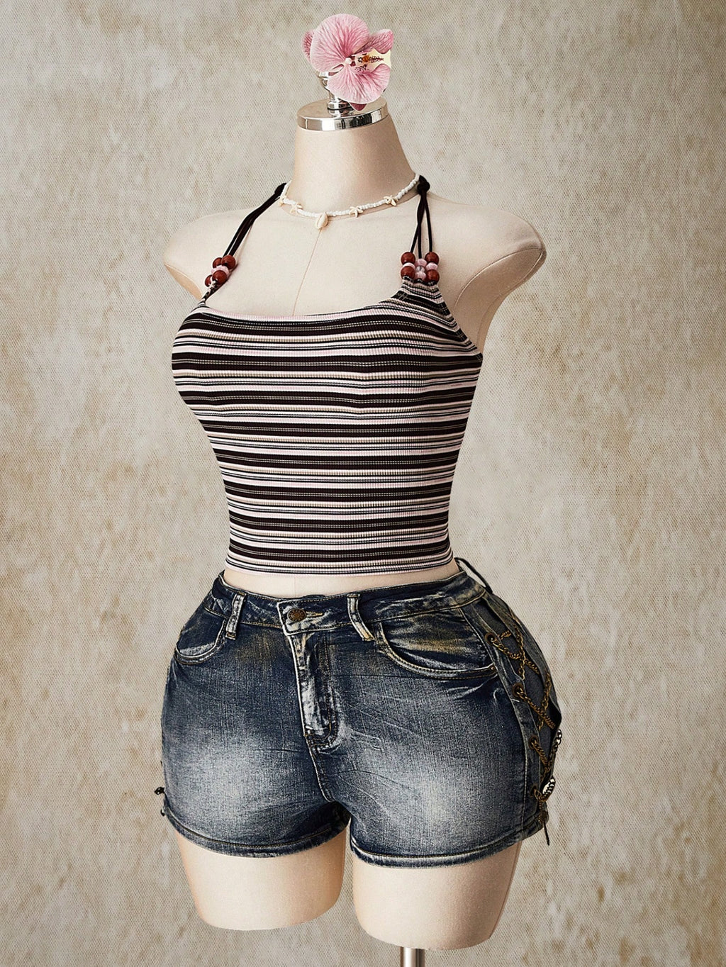 Plus Size Striped Beaded Halter Top – Y2K Knit Summer Going Out Top for Women