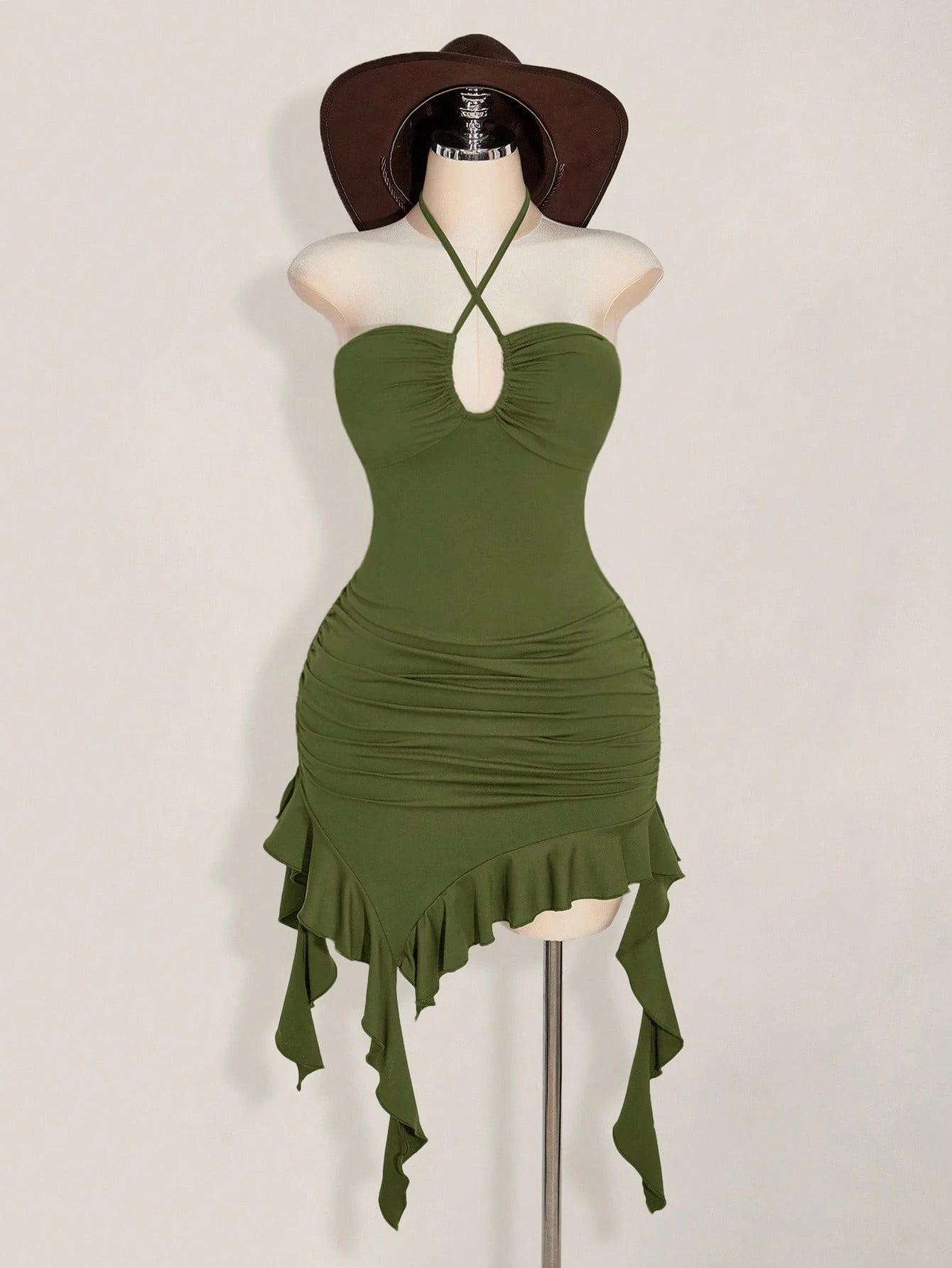 Plus Size Boho Halter Bodycon Dress – Y2K Retro Ruffle Irregular Hem Festival Dress for Women