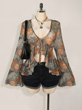 Plus Size Y2K Paisley Front Tie Top – Boho Flare Sleeve Sheer Festival Blouse for Women