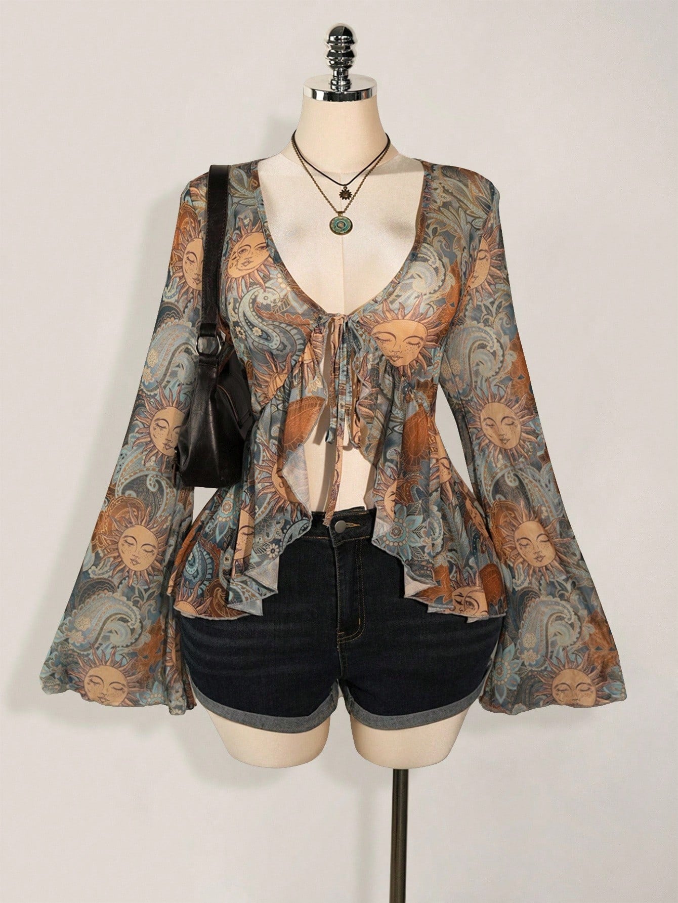 Plus Size Y2K Paisley Front Tie Top – Boho Flare Sleeve Sheer Festival Blouse for Women