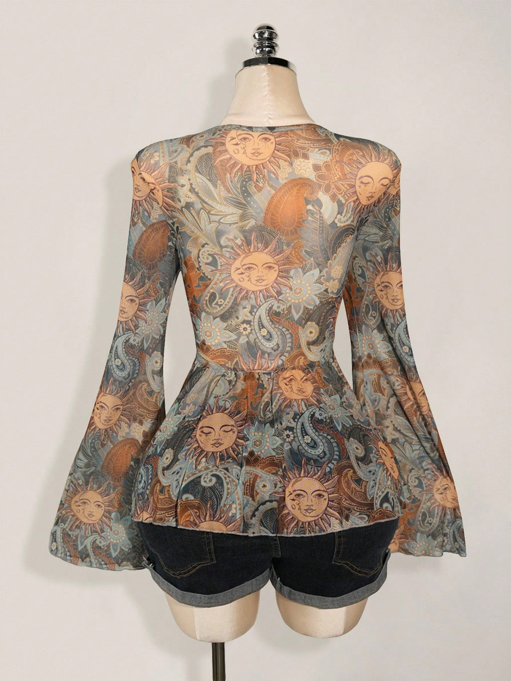 Plus Size Y2K Paisley Front Tie Top – Boho Flare Sleeve Sheer Festival Blouse for Women