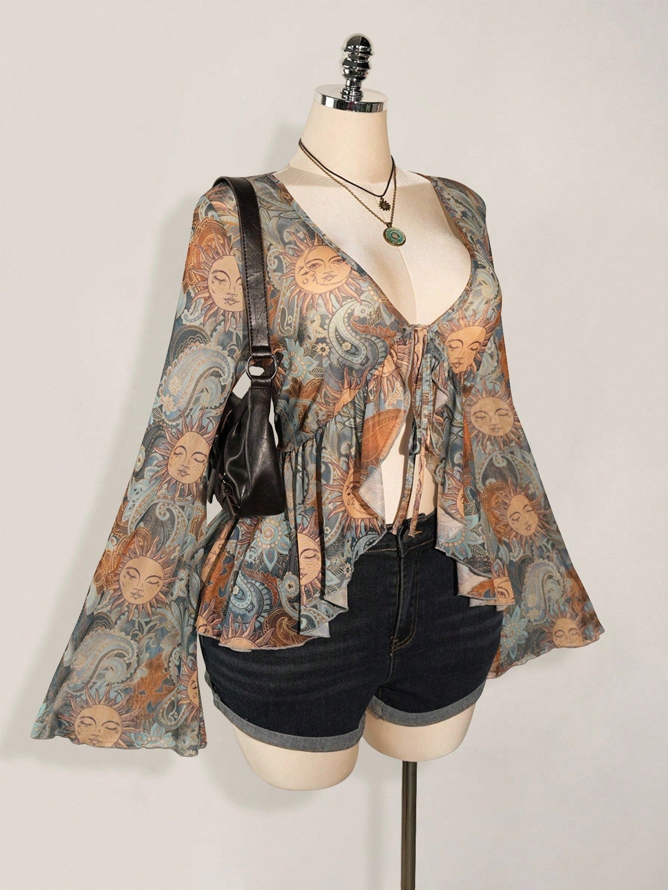 Plus Size Y2K Paisley Front Tie Top – Boho Flare Sleeve Sheer Festival Blouse for Women