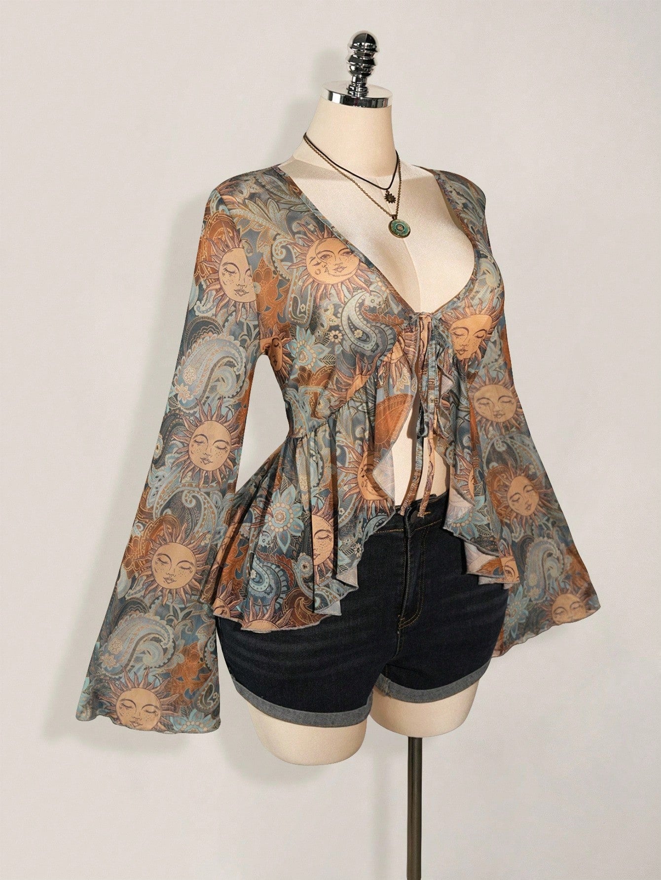 Plus Size Y2K Paisley Front Tie Top – Boho Flare Sleeve Sheer Festival Blouse for Women