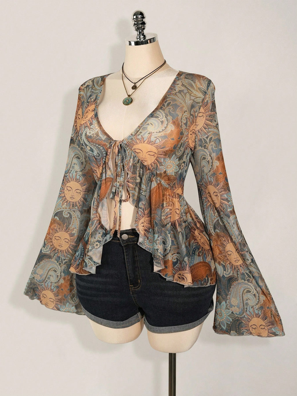 Plus Size Y2K Paisley Front Tie Top – Boho Flare Sleeve Sheer Festival Blouse for Women