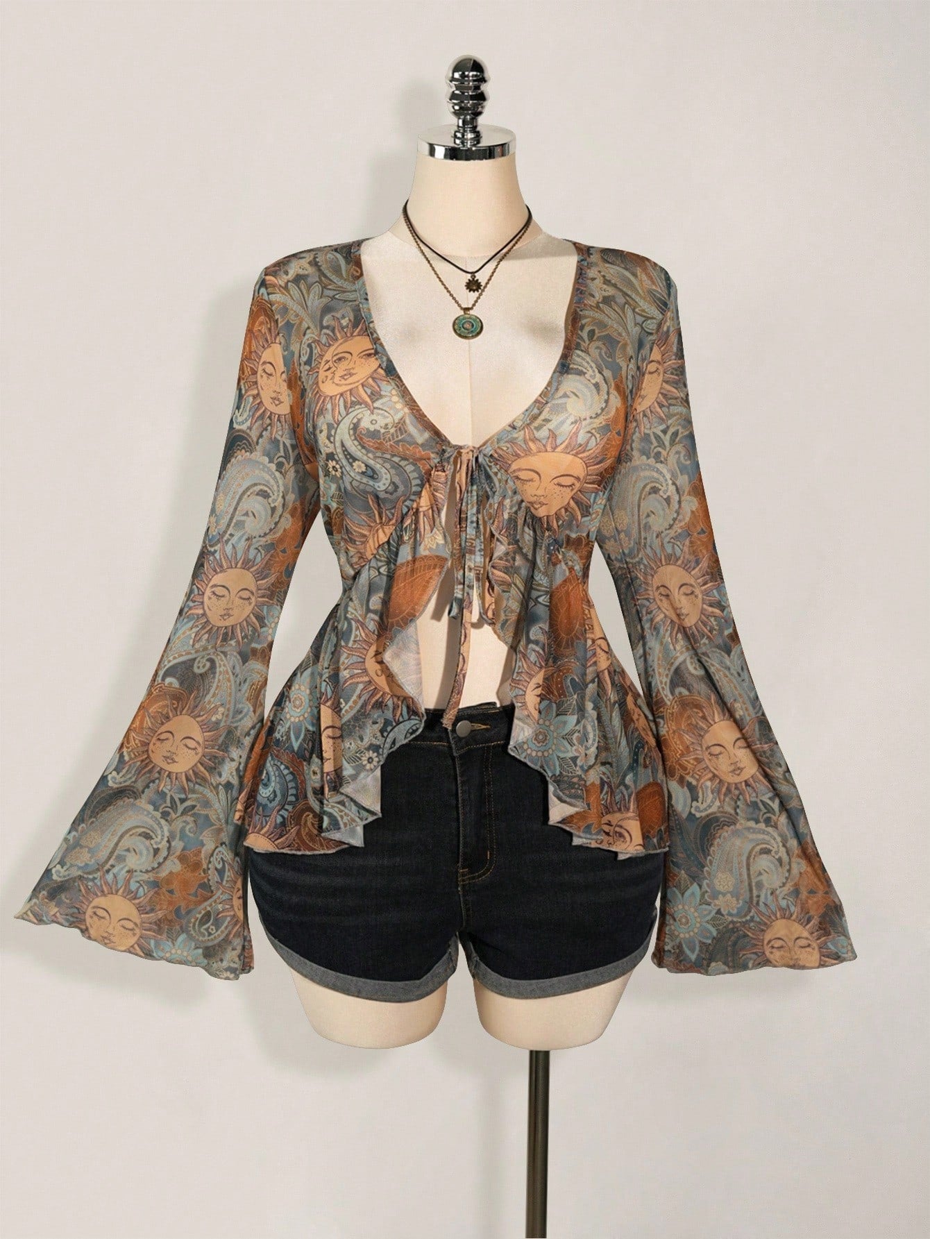Plus Size Y2K Paisley Front Tie Top – Boho Flare Sleeve Sheer Festival Blouse for Women