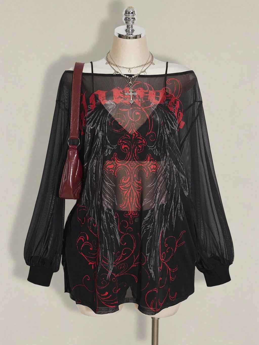 SHEIN ICON Plus Size Y2K Punk Mesh Mini Dress – Gothic Graphic Print Sheer Long Sleeve Dress for Women