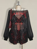 SHEIN ICON Plus Size Y2K Punk Mesh Mini Dress – Gothic Graphic Print Sheer Long Sleeve Dress for Women