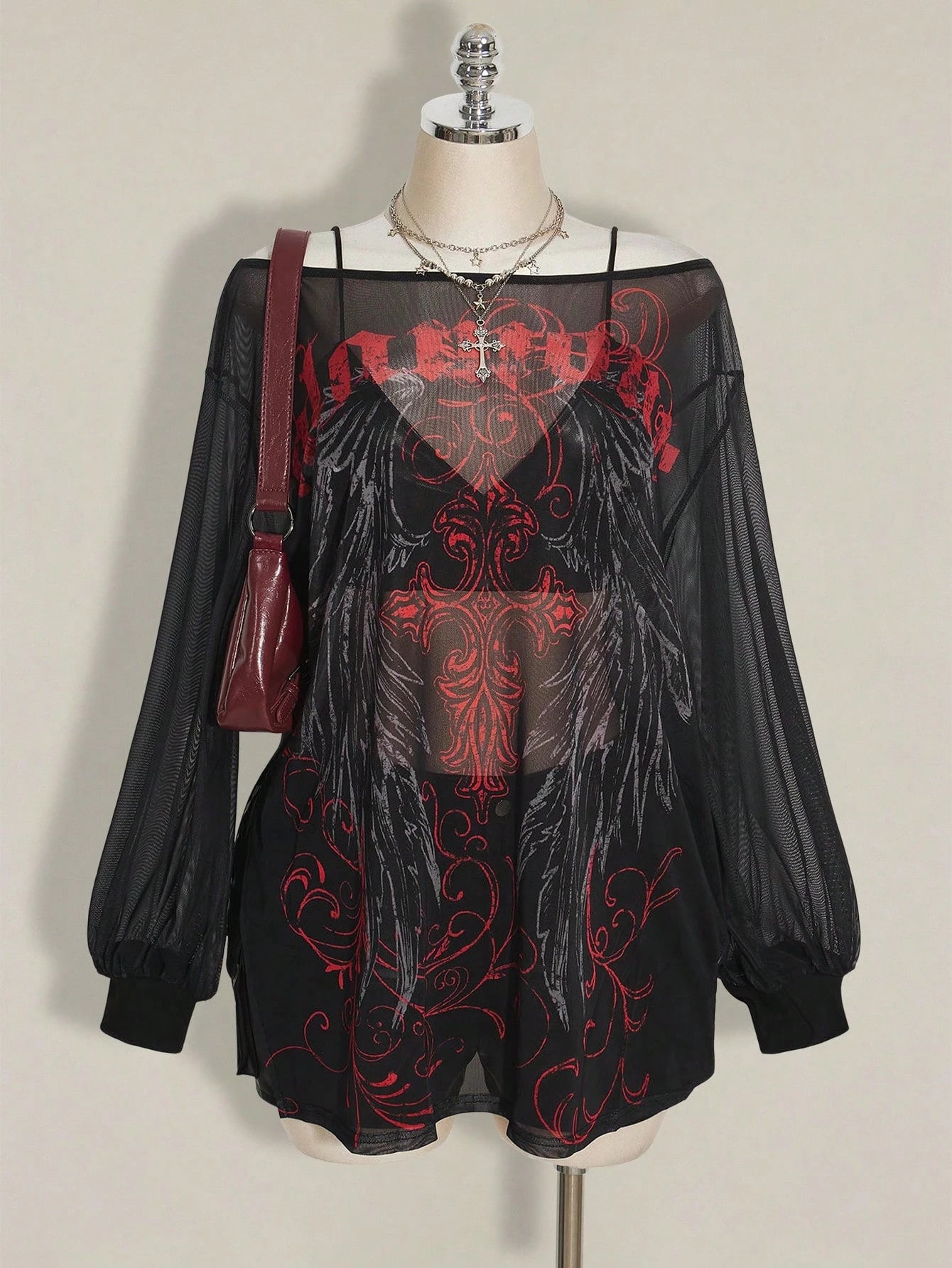 SHEIN ICON Plus Size Y2K Punk Mesh Mini Dress – Gothic Graphic Print Sheer Long Sleeve Dress for Women