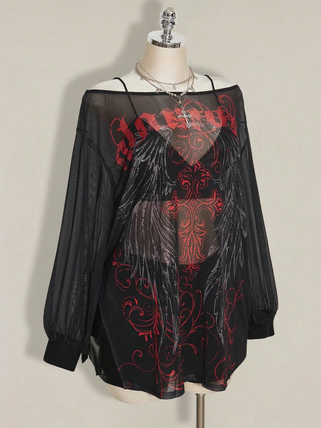 SHEIN ICON Plus Size Y2K Punk Mesh Mini Dress – Gothic Graphic Print Sheer Long Sleeve Dress for Women