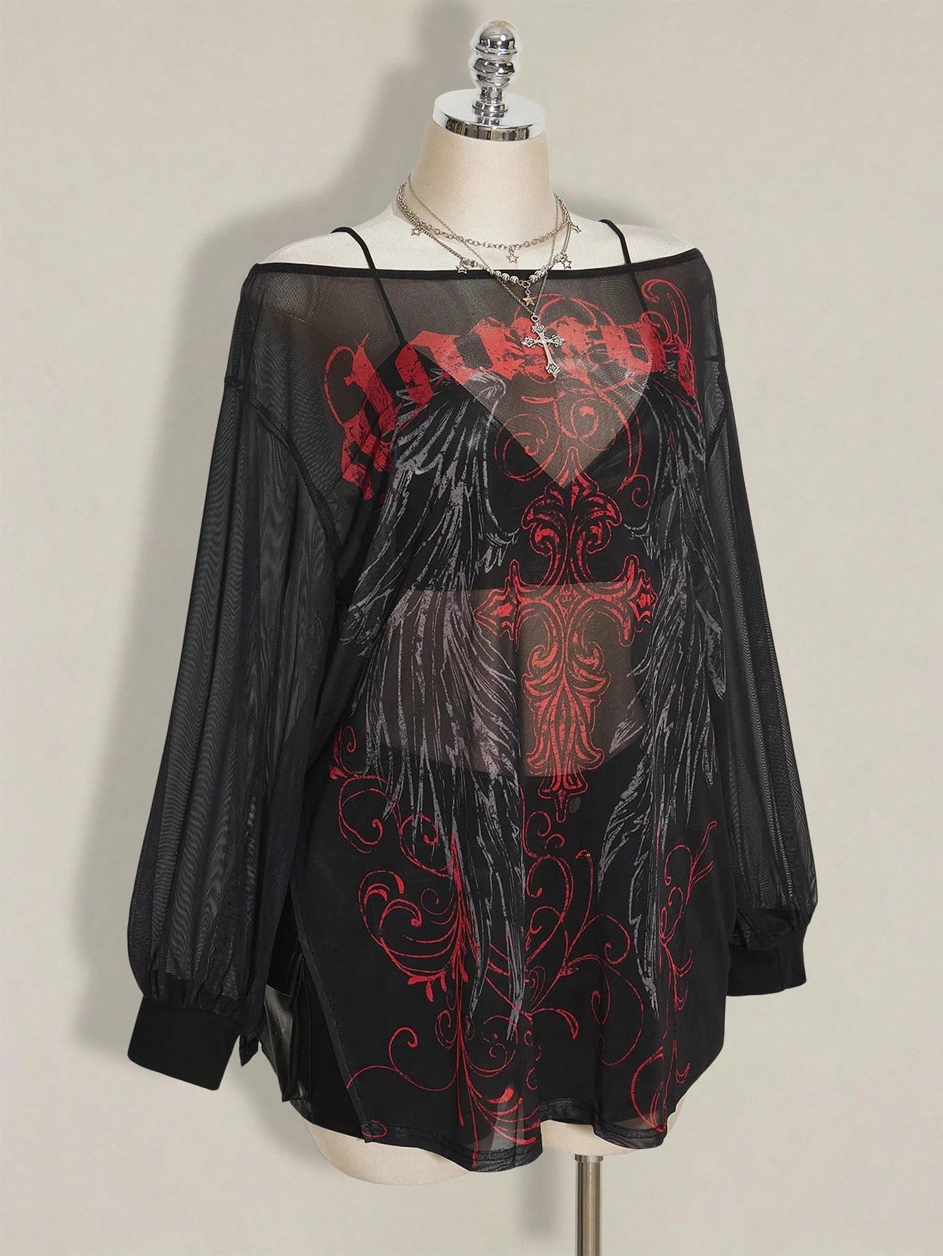 SHEIN ICON Plus Size Y2K Punk Mesh Mini Dress – Gothic Graphic Print Sheer Long Sleeve Dress for Women
