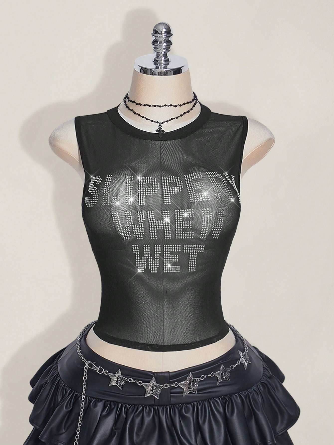 Plus Size Y2K Rhinestone Mesh Backless Camisole – Black Sheer Glitter Tight Summer Tank Top for Women