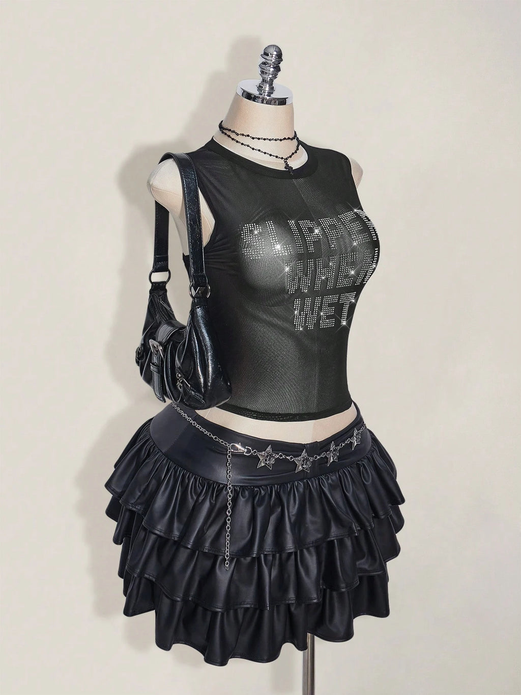 Plus Size Y2K Rhinestone Mesh Backless Camisole – Black Sheer Glitter Tight Summer Tank Top for Women