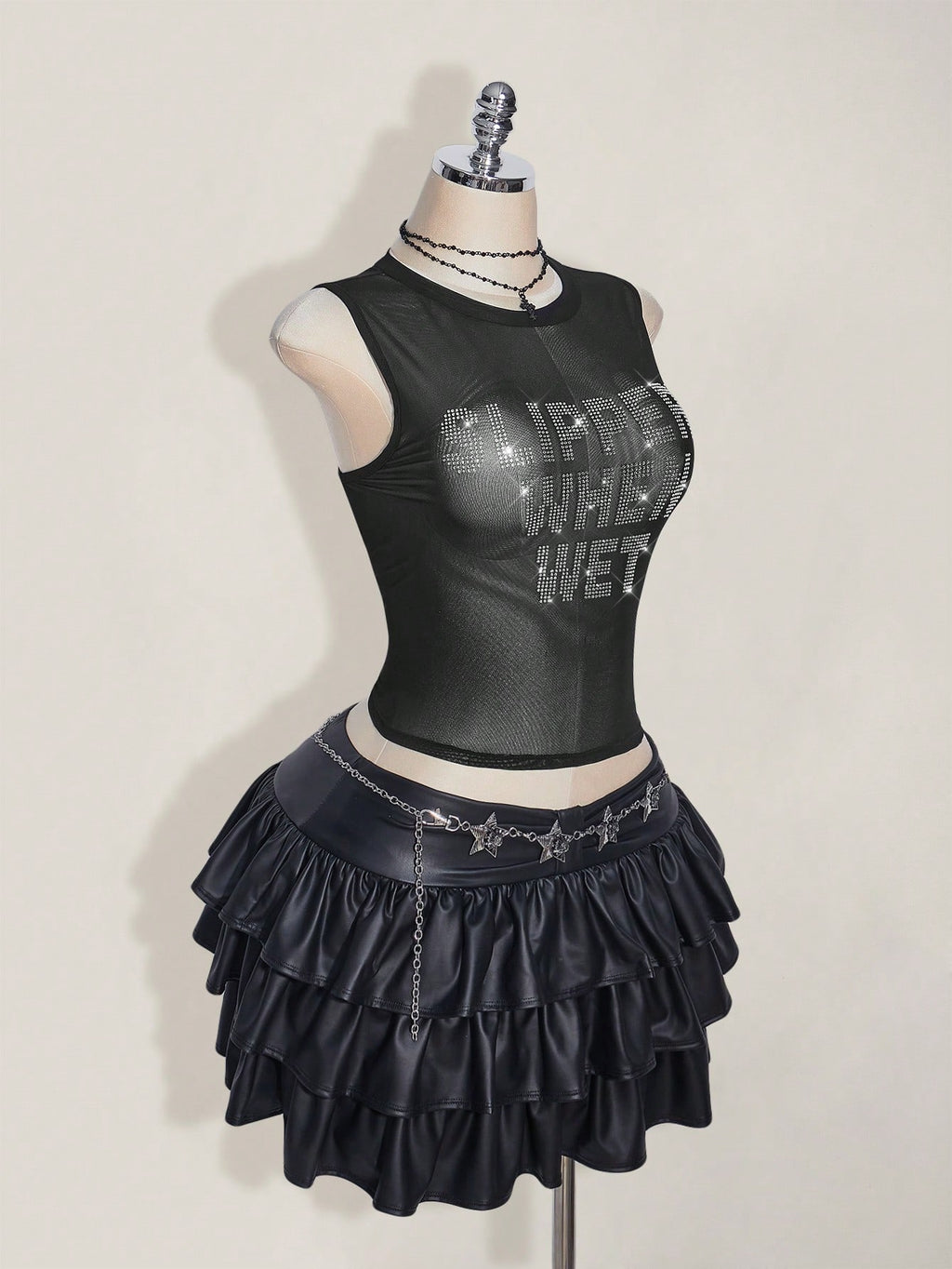 Plus Size Y2K Rhinestone Mesh Backless Camisole – Black Sheer Glitter Tight Summer Tank Top for Women